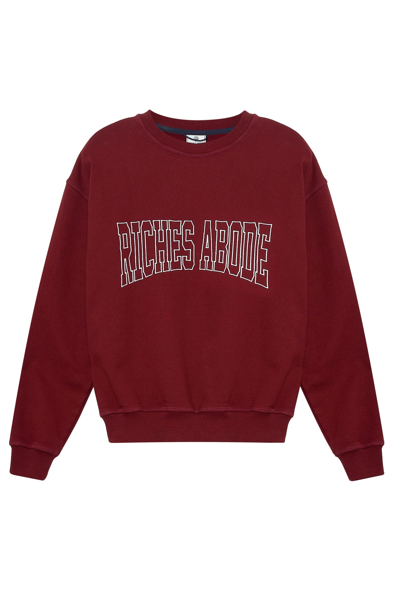 Riches Abode sweatshirt in Bordeaux with branding. Crafted from eco-friendly, breathable fabric for everyday comfort