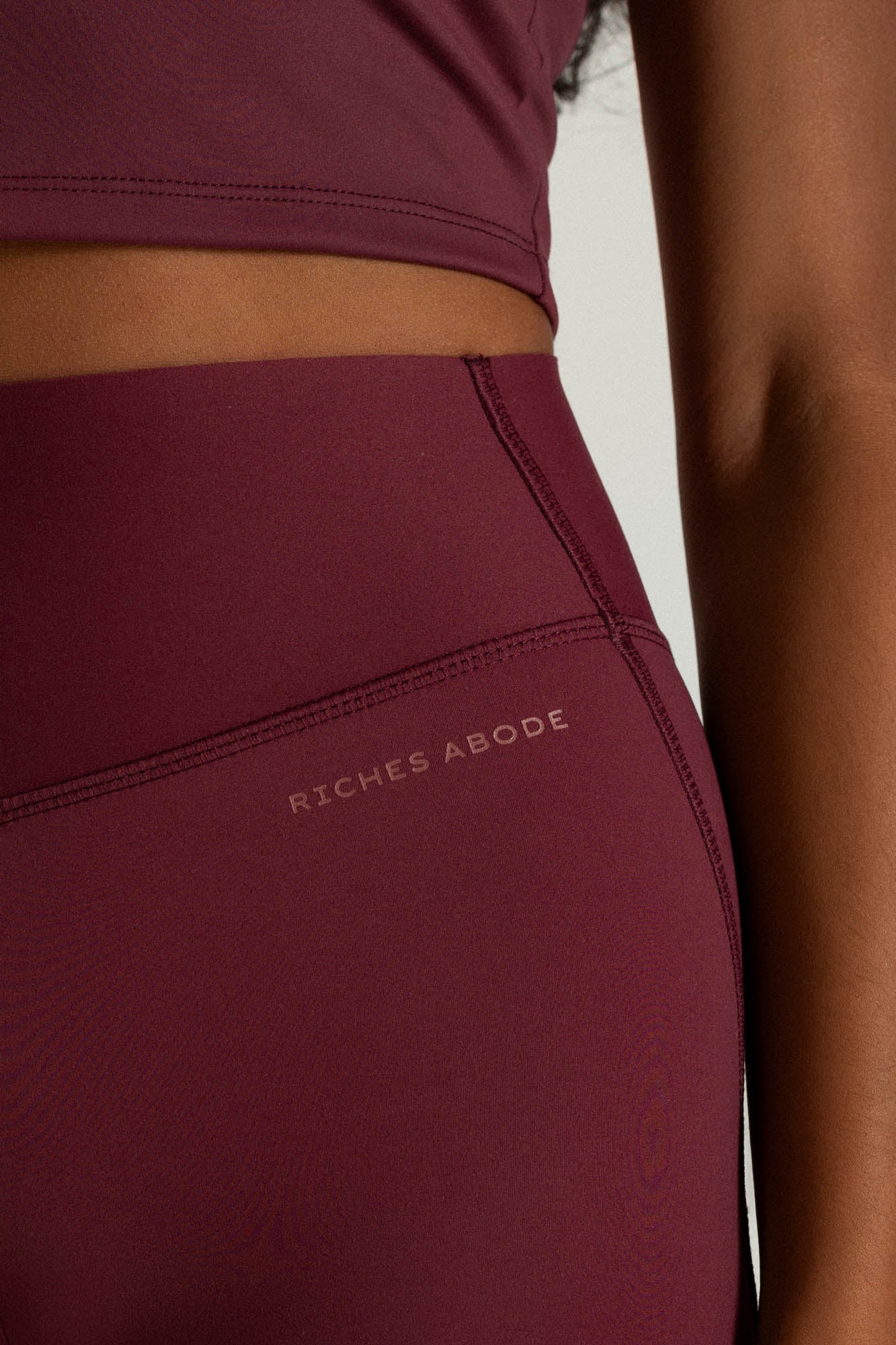 Close-up of Steffi leggings by Riches Abode, highlighting eco-friendly fabric and comfort-focused design. Ideal for movement and everyday wear