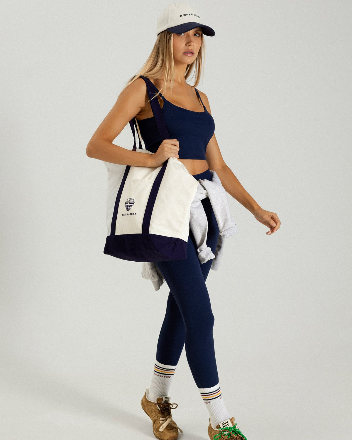 Anna Boat Tote in white and navy — Riches Abode